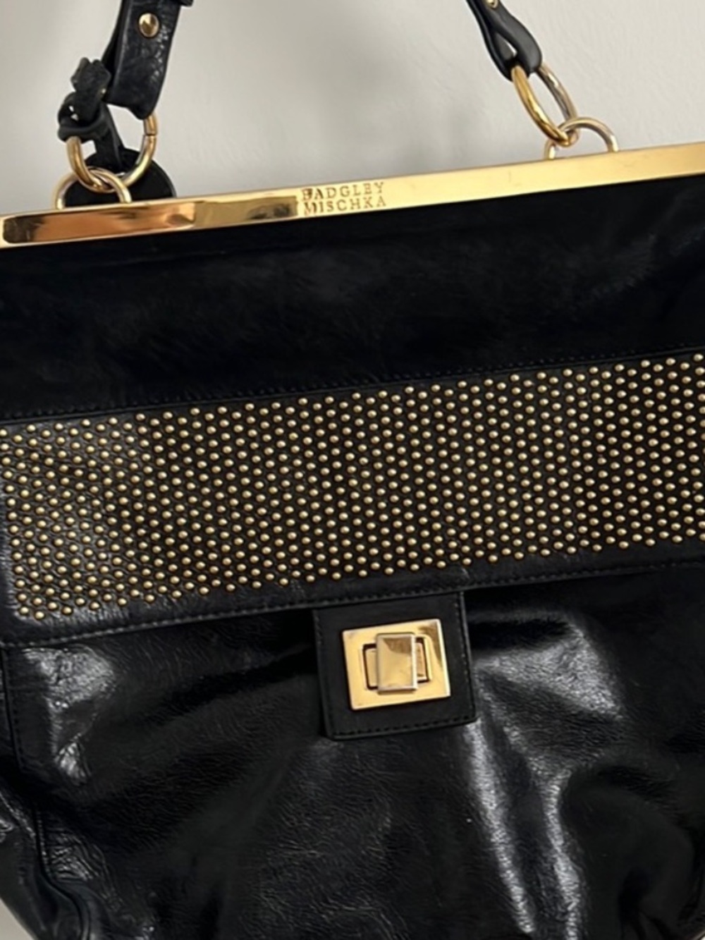 Badgley Mischka Black cowhide leather shoulder, Crossbody bag studded detail.